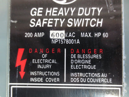 GEN. ELECTRIC NP1578001A / TH3364 HEAVY DUTY SAFETY SWITCH, 200A, 600V, MAX 60HP