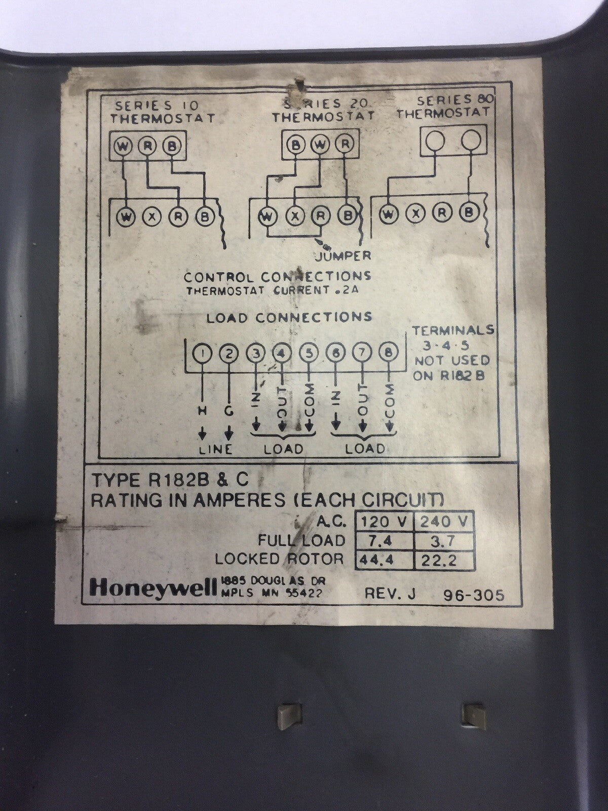 HONEYWELL R182C 1051 SWITCHING RELAY 120V 50-60CY TYPE R182B & C 44.4AMP