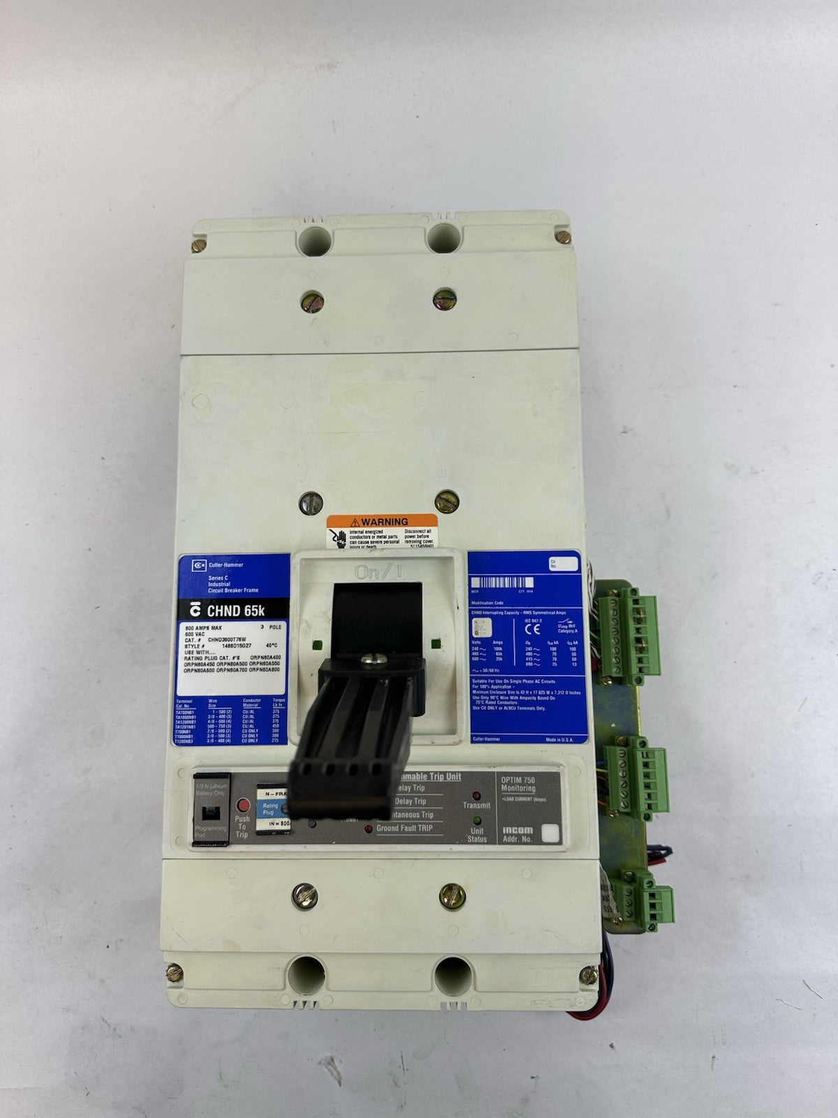 CUTLER HAMMER CHND3800T76W 800A 600V 3P CIRCUIT BREAKER W/DIGITRIP 750 TRIP UNIT