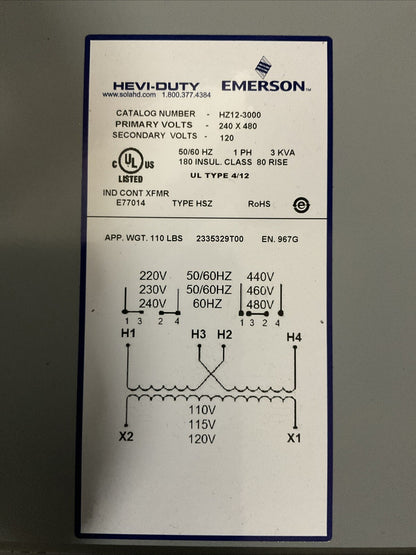 EMERSON HEVI-DUTY HZ12-3000 TRANSFORMER PRI VOLTS 240X180 SEC VOLTS 120 1PH 3KVA