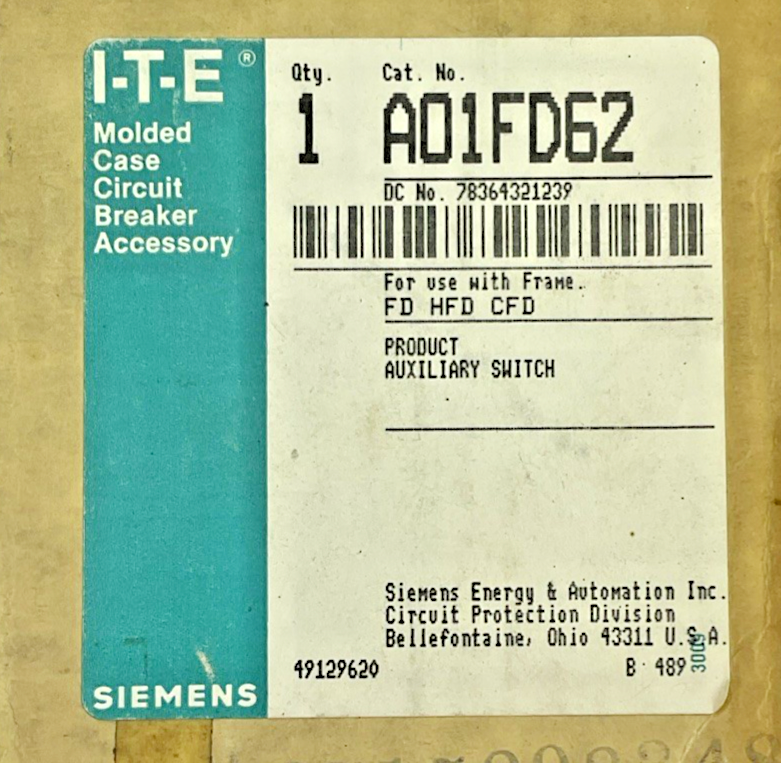 SIEMENS/ITE A01FD62 AUXILLIARY SWITCH