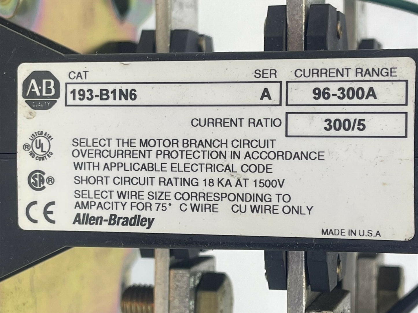 ALLEN BRADLEY 193-B1N6 CURRENT PROTECTOR SER A 96-300A CURRENT RATIO 300/5