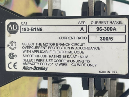 ALLEN BRADLEY 193-B1N6 CURRENT PROTECTOR SER A 96-300A CURRENT RATIO 300/5