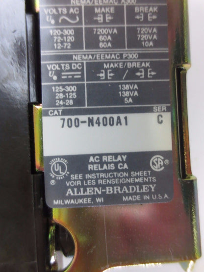 ALLEN-BRADLEY 700-N400A1 SER. C CONTROL RELAY110-120V/ 5-60Hz -
