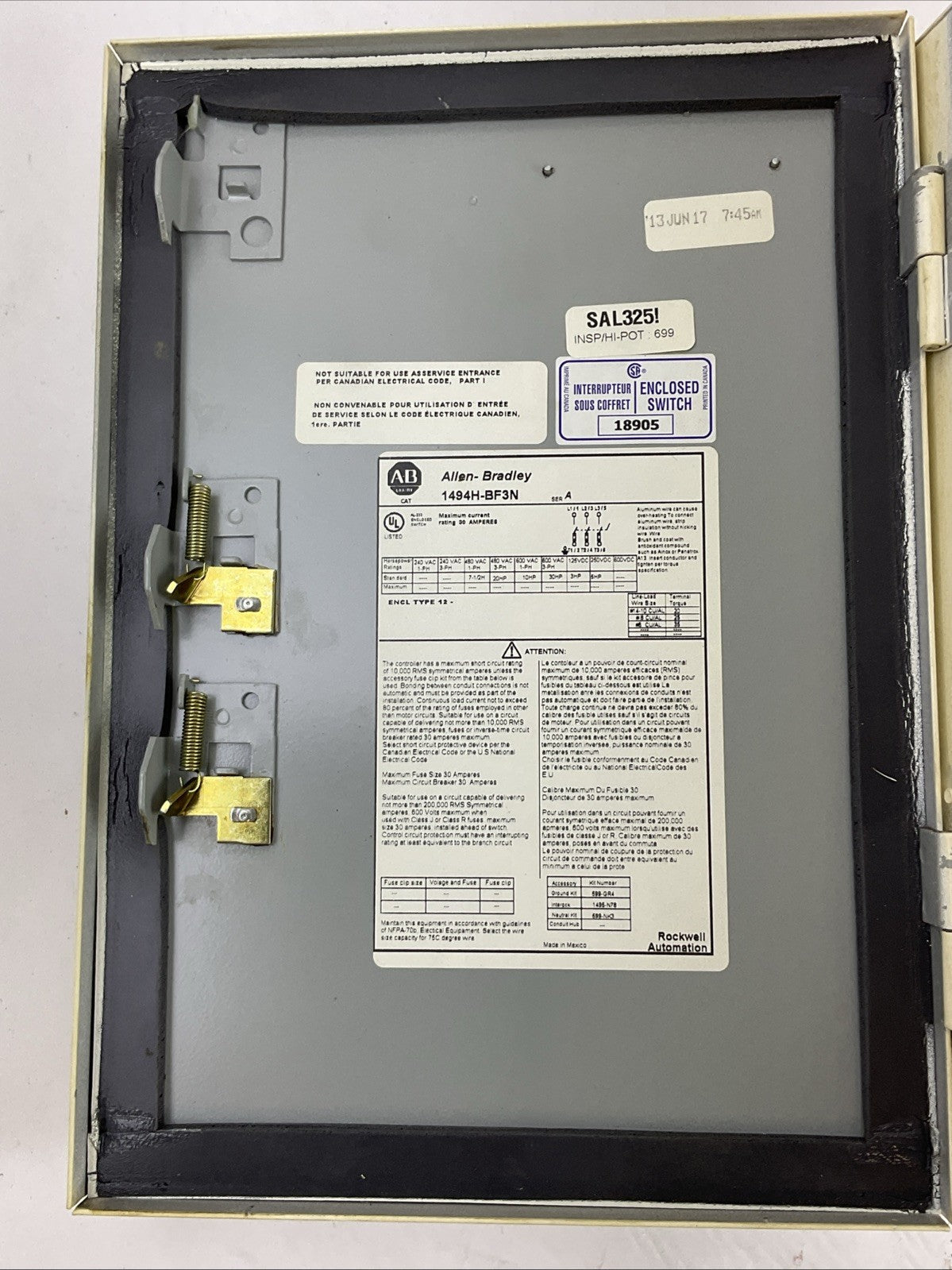 ALLEN BRADLEY 1494H-BF3N 600VAC 3PH 30HP 250VDC 5HP NON FUSIBLE DISCONNECT