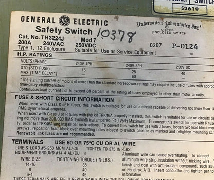 GE TH3224J MODEL 7 FUSIBLE SAFETY SWITCH 200A 240VAC 250VDC 60HP 2P