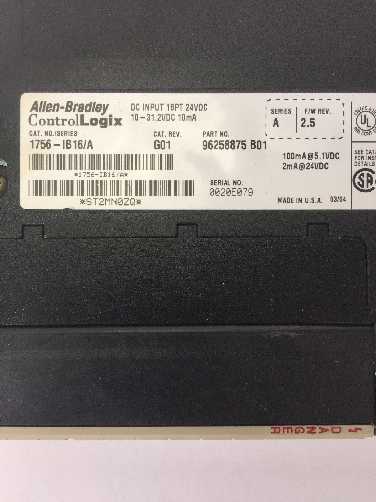 ALLEN BRADLEY 1756-IB16 DC INPUT 16PT 24VDC 10-31.2VDC 10mA SER A F/W REV. 2.5