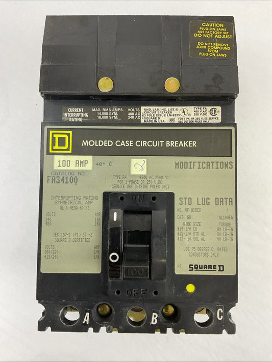 SQUARE D FA34100 CIRCUIT BREAKER 100AMP 480VAC 250VDC 3POLE