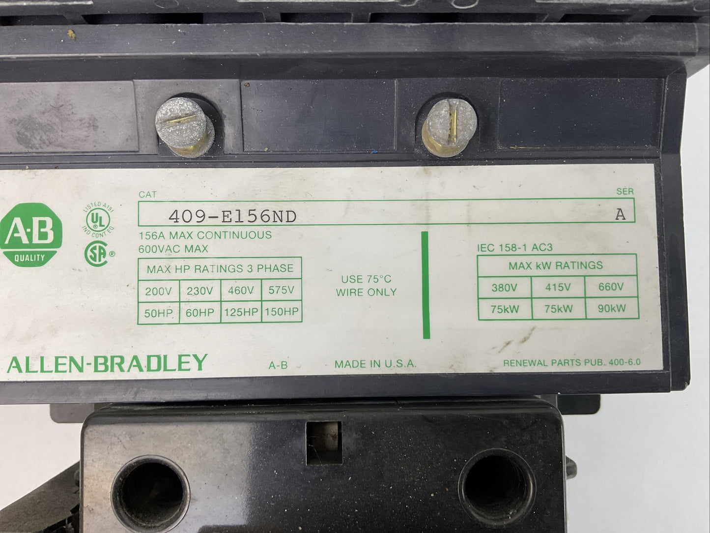 ALLEN BRADLEY 409-E156ND STARTER 600VAC 156A SER A COIL 115-120V 60HZ