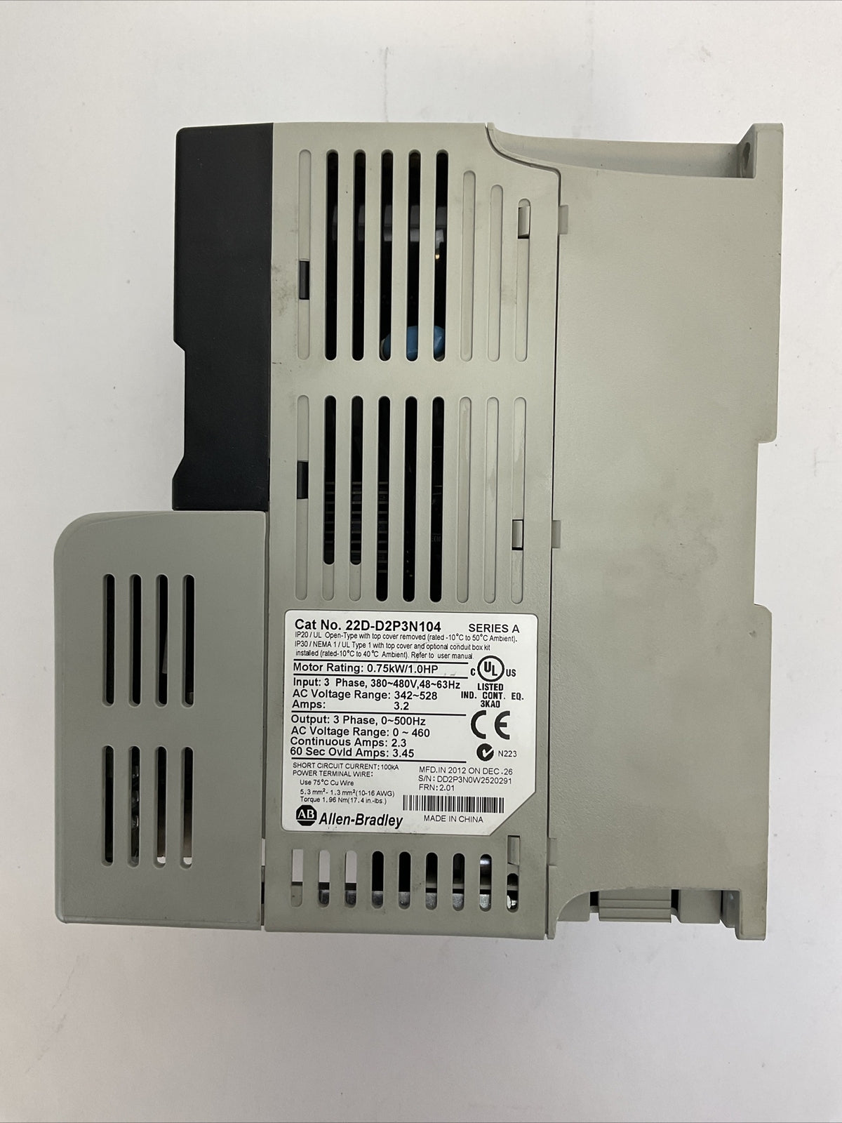 ALLEN BRADLEY 22D-D2P3N104 SER A FRN 2.01 AC DRIVE OUTPUT 0-460VAC