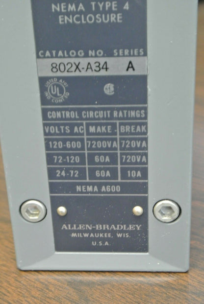 ALLEN-BRADLEY 802X-A34 WATERTIGHT LIMIT SWITCH / 24-600VAC / NEW SURPLUS