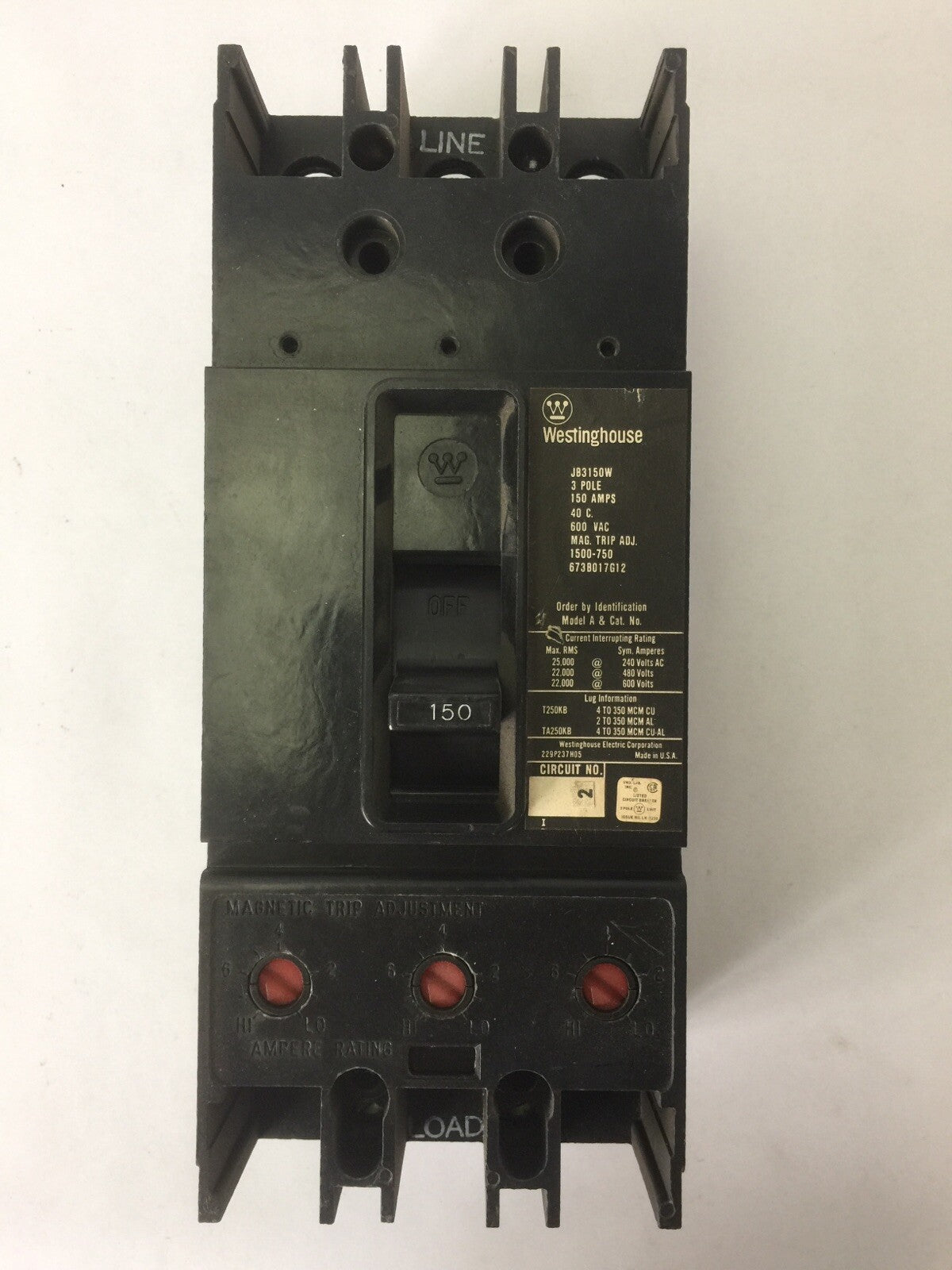WESTINGHOUSE JB3150W CIRCUIT BREAKER 150A 600VAC 3POLE MAG TRIP ADJ 1500-750AMP