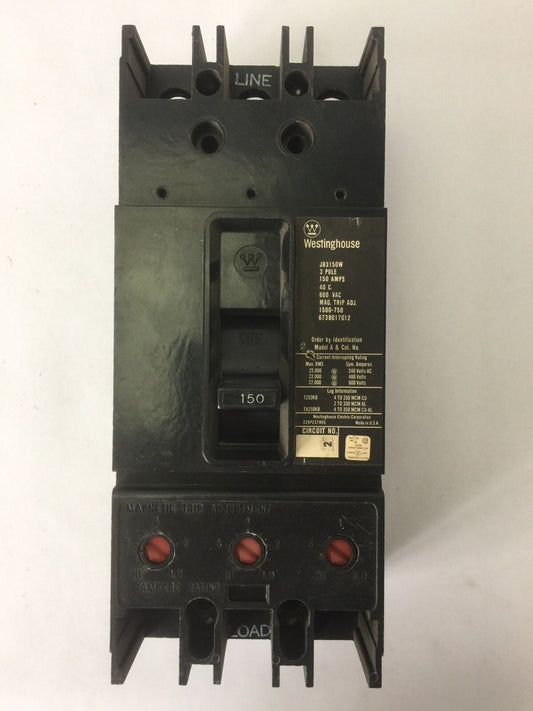 WESTINGHOUSE JB3150W CIRCUIT BREAKER 150A 600VAC 3POLE MAG TRIP ADJ 1500-750AMP