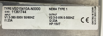 JOHNSON CONTROLS VS015410A-N0000 VARIABLE SPEED DRIVE OUTPUT V2:3-0-VIN 0-500HZ
