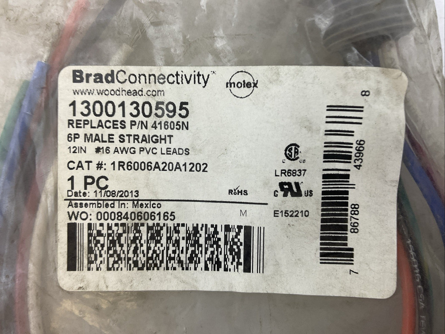 BRAD CONNECTIVITY 1300130595 1R6006A20A1202 6P MAIL STRAIGHT CABLE ASSEMBLY