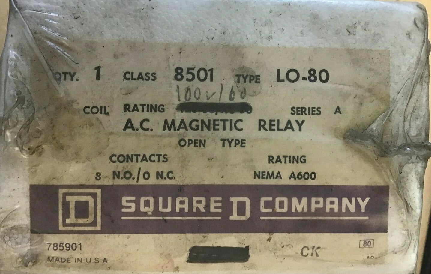 SQUARE D 8501 LO-80 AC MAGNETIC RELAY SER.A 120-60/110-50