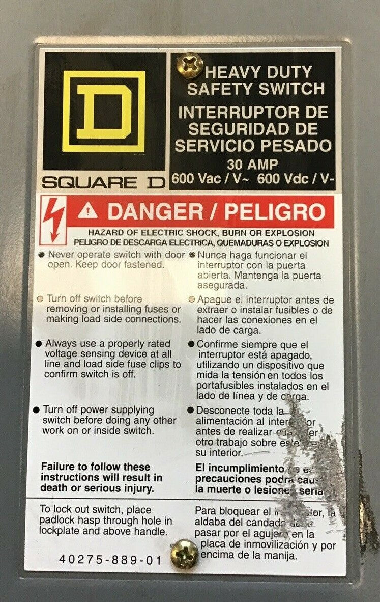 SQUARE D SAFETY SWITCH HU361 SER.F01 30A TYPE1 600VAC