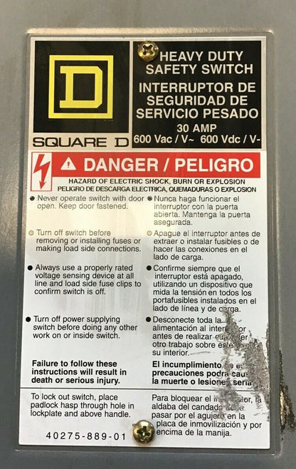 SQUARE D SAFETY SWITCH HU361 SER.F01 30A TYPE1 600VAC