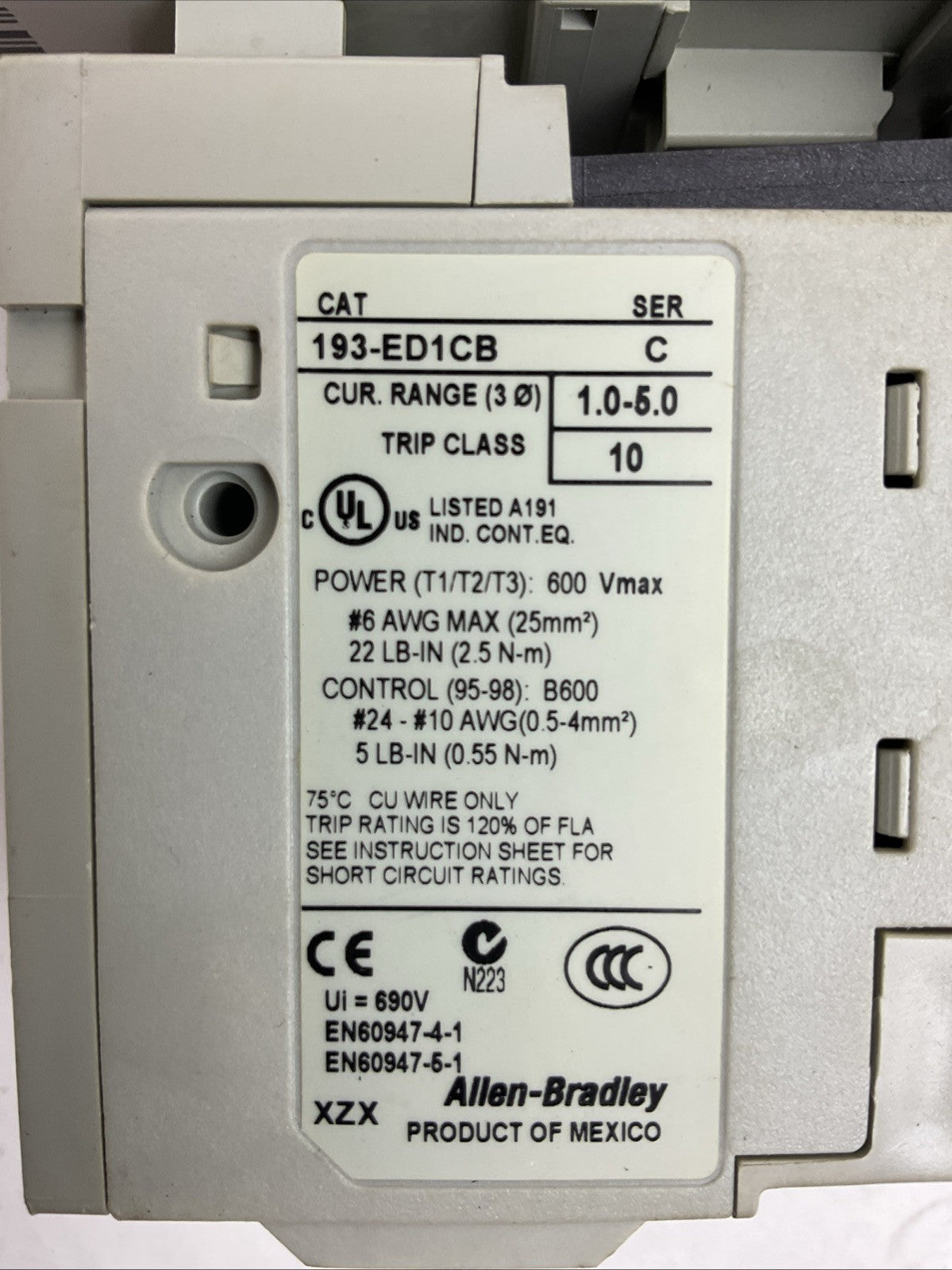 ALLEN BRADLEY STARTER(100-C09D*10 CONTACTOR 24VDC COIL+193-ED1CB RELAY 1.0-5.0A)