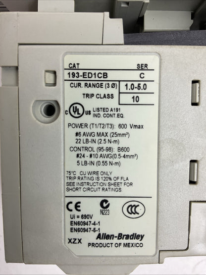 ALLEN BRADLEY STARTER(100-C09D*10 CONTACTOR 24VDC COIL+193-ED1CB RELAY 1.0-5.0A)