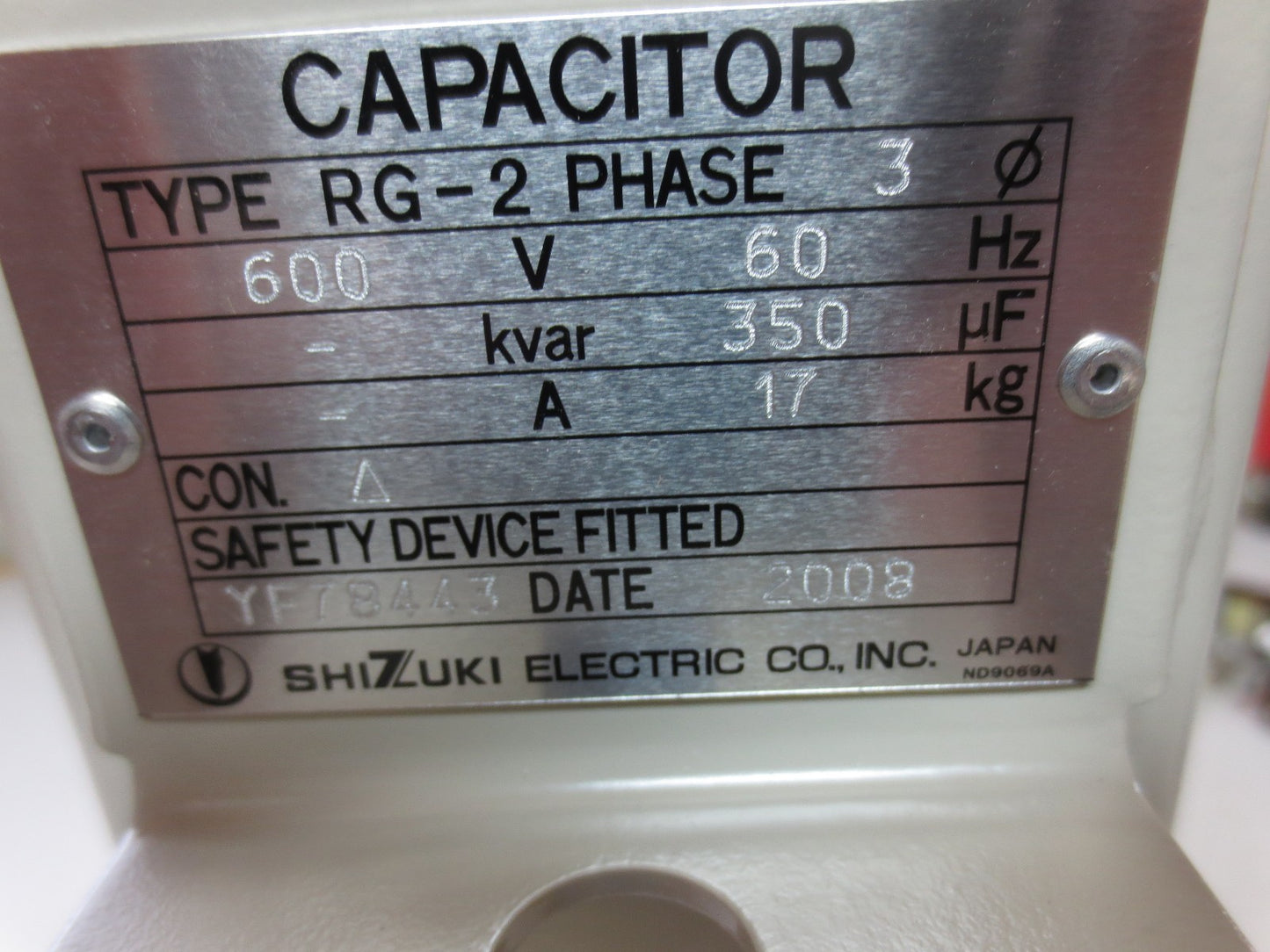 SHIZUKI YF78443 TYPE RG-2 CAPACITOR 600VAC, 350?F, 3PH, 60Hz - NEW SURPLUS