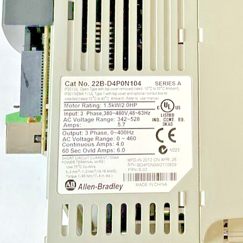 ALLEN BRADLEY 22B-D4P0N104 POWER FLEX AC DRIVE SER.A 1.5KW/2.0HP  FRN.6.02