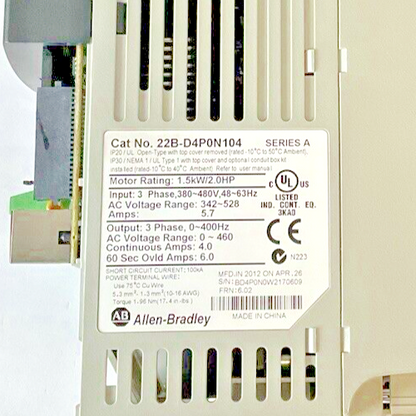 ALLEN BRADLEY 22B-D4P0N104 POWER FLEX AC DRIVE SER.A 1.5KW/2.0HP  FRN.6.02