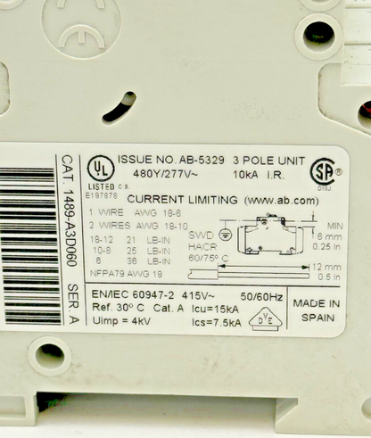 ALLEN-BRADLEY - 1489-A3D060 SER. A - CIRCUIT BREAKER - 3 P, 6 A, 277 V