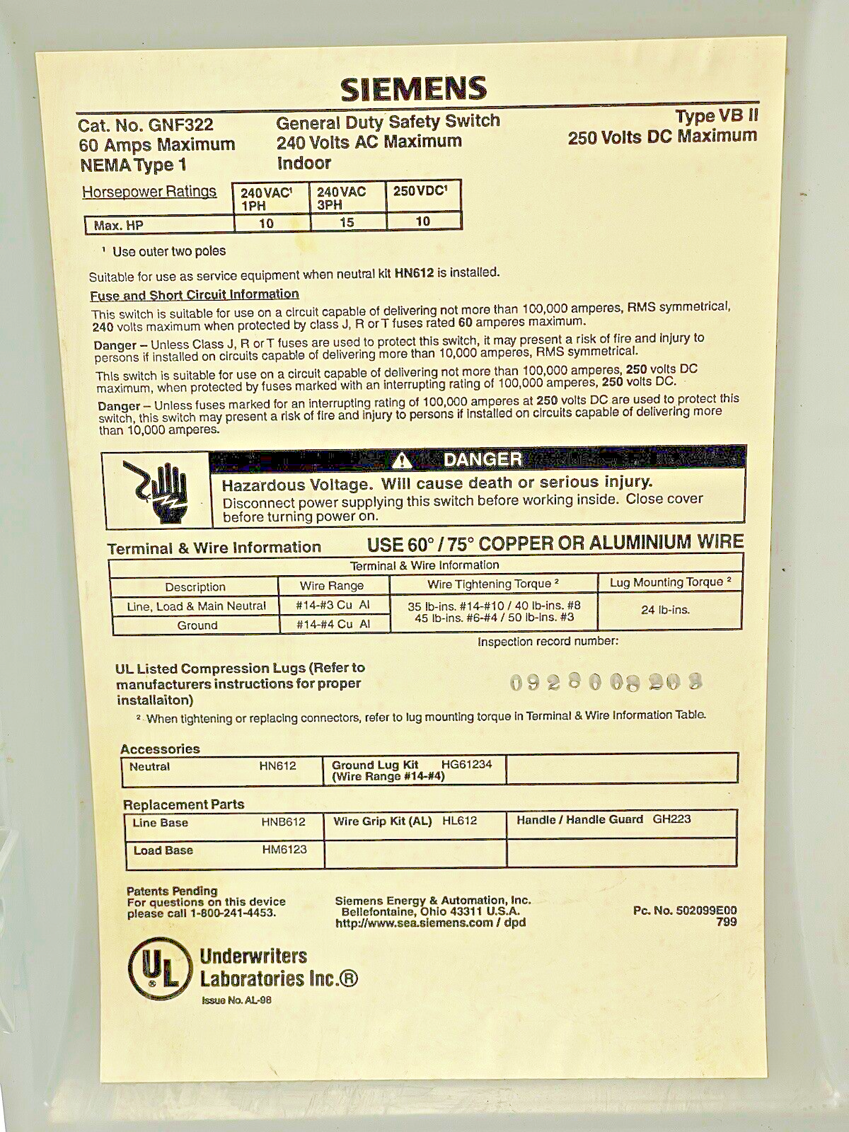 SIEMENS GNF322 SAFETY SWITCH 3P 60A 240VAC 250VDC NEMA 1 VBII