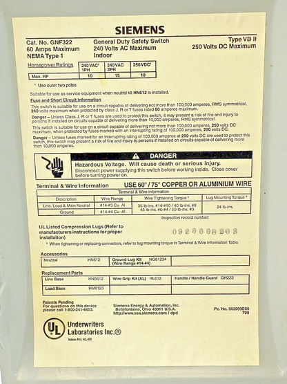 SIEMENS GNF322 SAFETY SWITCH 3P 60A 240VAC 250VDC NEMA 1 VBII