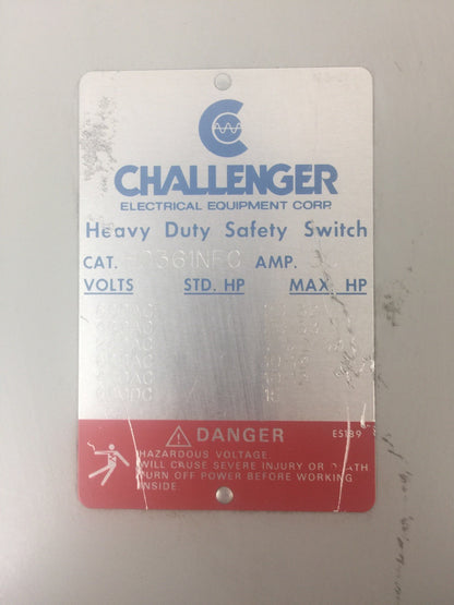 CHALLENGER HD361NFC HD SAFETY SWITCH 600V 30AMP 20HP 3 POLE NON FUSIBLE TYPE 1