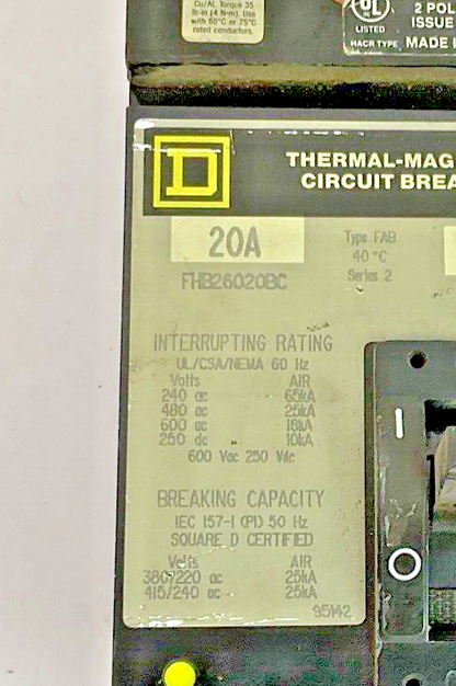 SQUARE D FHB26020BC CIRCUIT BREAKER 20A SER.2 2POLE 600VAC 250VDC 65KA