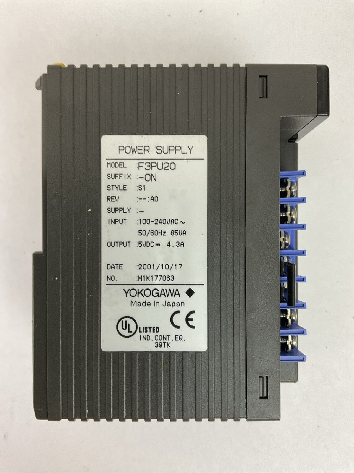 YOKOGAWA F3PU20-0N POWER SUPPLY MODULE OUPUT 5VDC 4.3A INPUT 100-240VAC 85VA