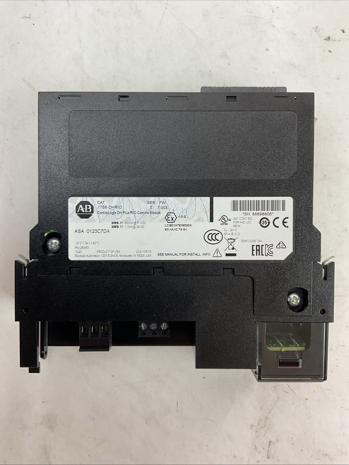 ALLEN BRADLEY 1756-DHRIO CONTROLLOGIX DH PLUS/RIO COMMS MODULE SER E FW 7.003
