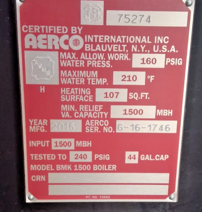 AERCO BMK1500 BOILER 1500MBH 107SQFT 44GALLON 160PSIG 115V 1500000BTU 15A 2HP