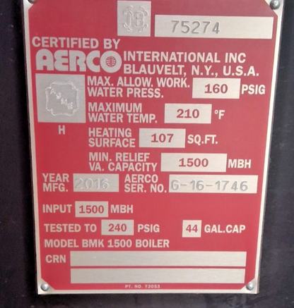 AERCO BMK1500 BOILER 1500MBH 107SQFT 44GALLON 160PSIG 115V 1500000BTU 15A 2HP