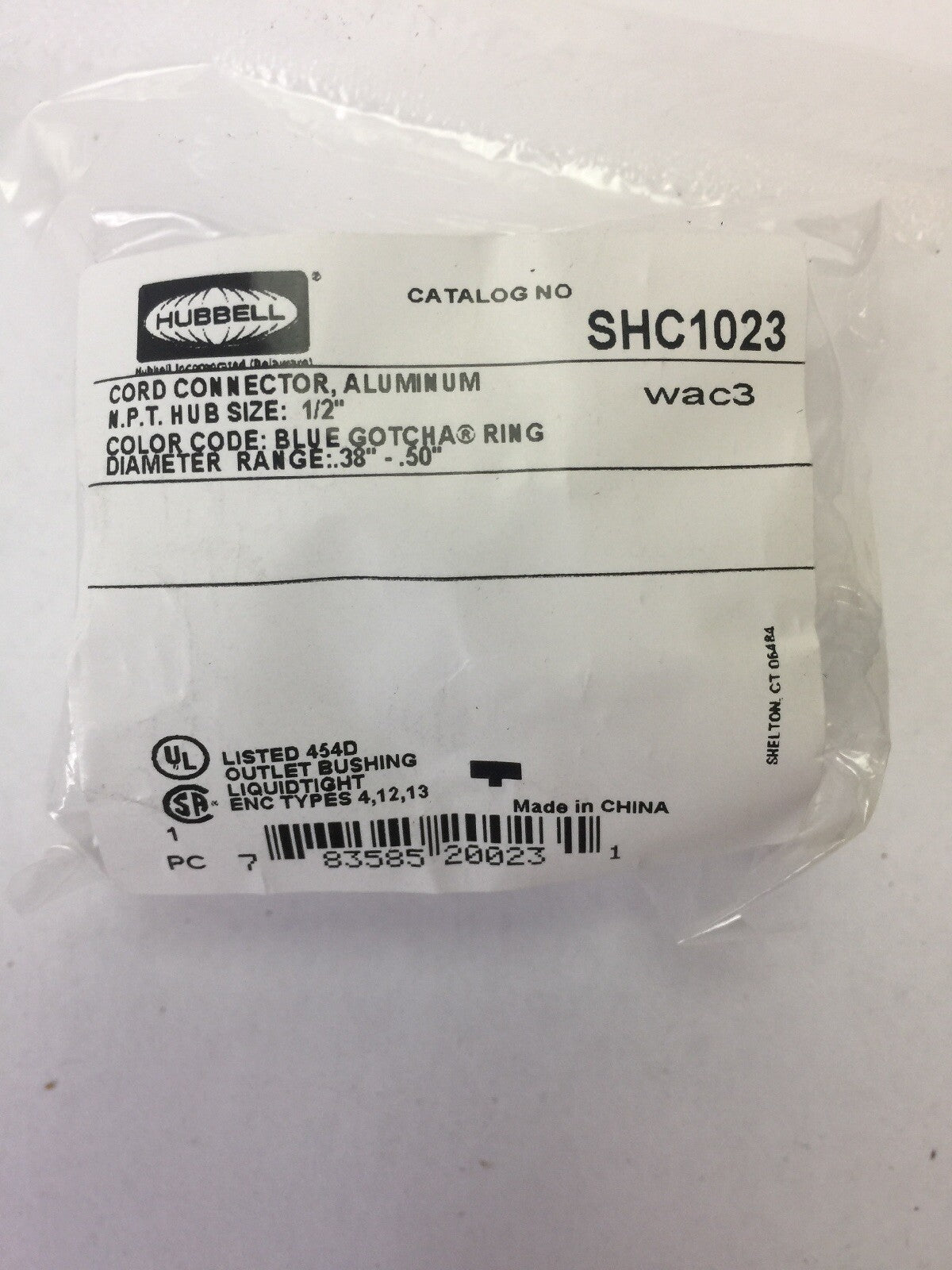 HUBBELL SHC1023 CORD CONNECTOR ALUMINUM N.P.T. HUB SIZE 1/2"