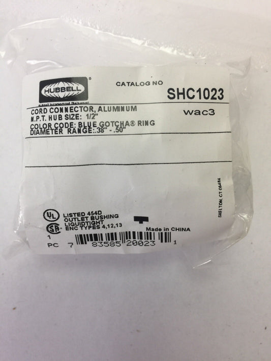 HUBBELL SHC1023 CORD CONNECTOR ALUMINUM N.P.T. HUB SIZE 1/2"