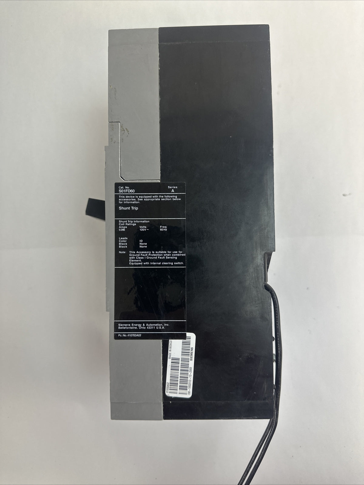 SIEMENS HFXD63B200 CIRCUIT BREAKER 3POLE 200AMP 600VAC DER A S01FD60 SHUNT TRIP