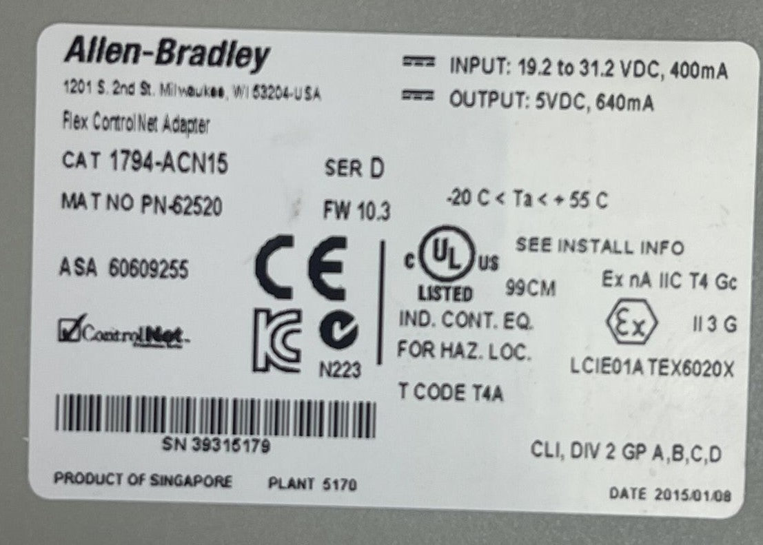 ALLEN BRADLEY 1794-ACN15 SER D FW 10.3 FLEX CONTROLNET ADAPTOR OUTPUT 5VDC