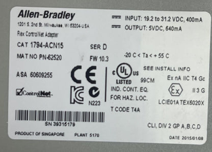 ALLEN BRADLEY 1794-ACN15 SER D FW 10.3 FLEX CONTROLNET ADAPTOR OUTPUT 5VDC