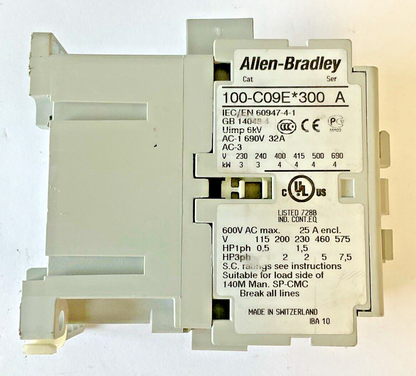 ALLEN BRADLEY 100-C09*300 CONTACTOR SER.A  600VAC 25A