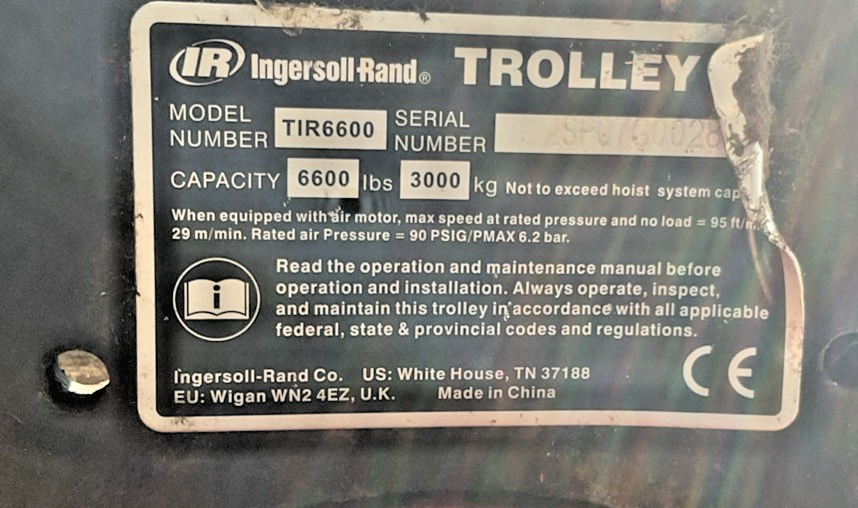 INGERSOLL RAND 7792A-3HA10-C6 15FT CHAIN HOIST 3000LBS W/TIR6600 TROLLEY TIR-A53