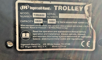 INGERSOLL RAND 7792A-3HA10-C6 15FT CHAIN HOIST 3000LBS W/TIR6600 TROLLEY TIR-A53