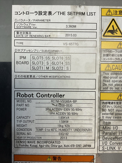 DENSO RC7M-VSG6BA-BP ROBOT CONTROLLER SOFTWARE VER 3.360M 3PH 200-230VAC 1.85KVA