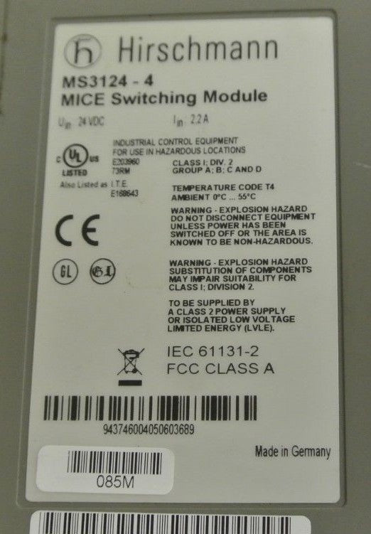 HIRSCHMANN MM2-4TX1 CLASS 1 4-PORT MICE MEDIA MODULE (21 pcs) + MS3124-4 (4pcs)