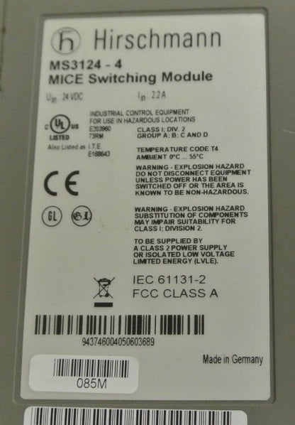 HIRSCHMANN MM2-4TX1 CLASS 1 4-PORT MICE MEDIA MODULE (21 pcs) + MS3124-4 (4pcs)