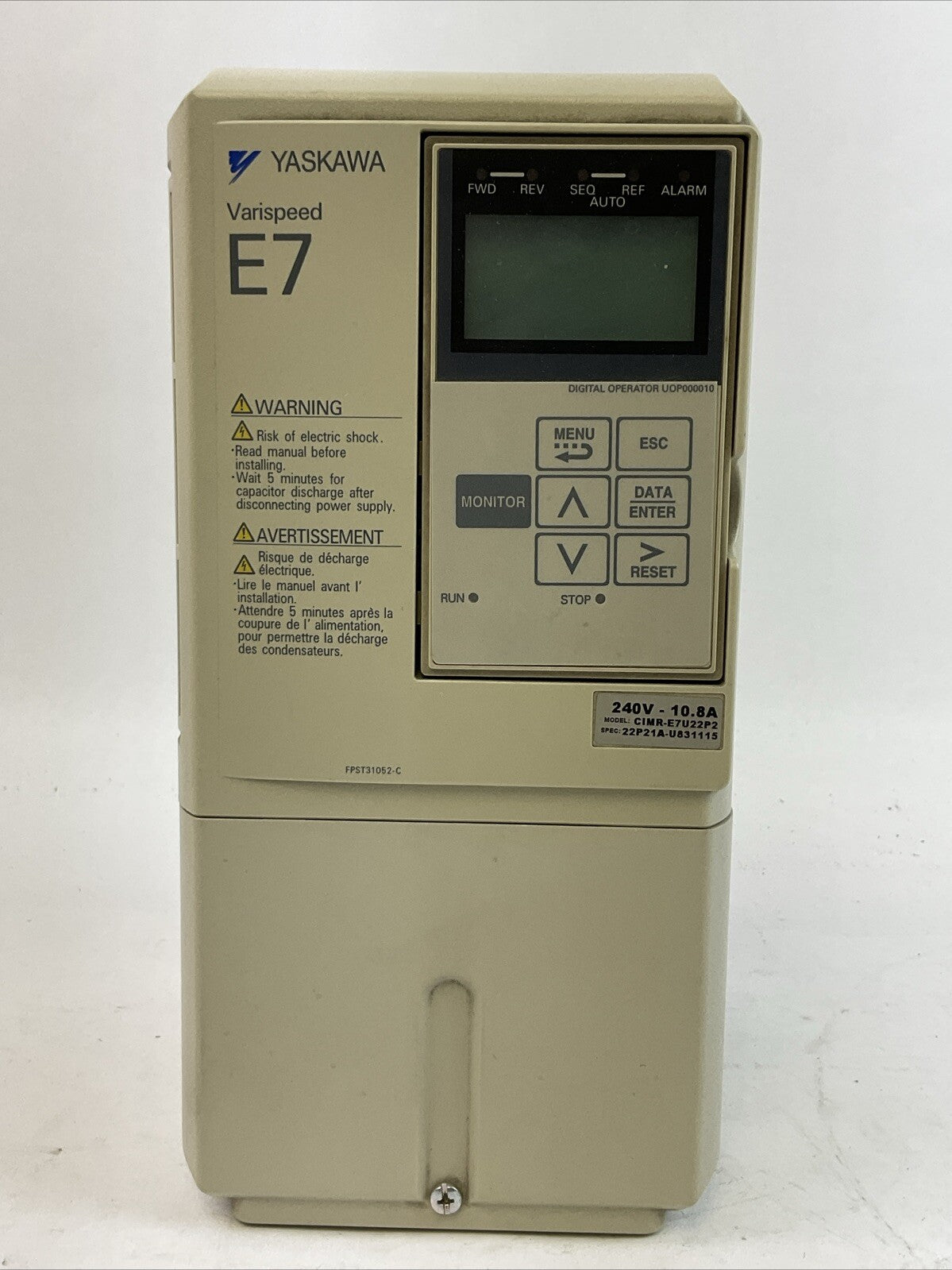 YASKAWA CIMR-E7U22P2 AC DRIVE VARISPEED E7 OUTPUT 0-240VAC 3PH 10.8A 4.1kVA