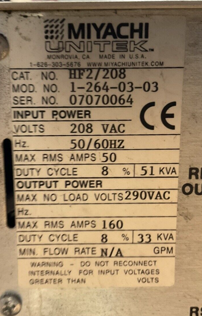 MIYACHI HF2/208 INPUT 208VAC 50AMP 51KVA OUTPUT 290VAC 160A 33KVA 2kHz HIGH FREQ