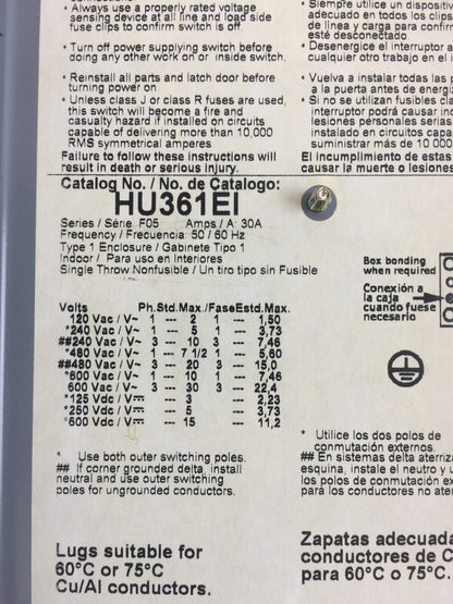 SQUARE D HU361EI NON FUSIBLE SAFETY SWITCH 30AMP 600VAC 600VDC SERIES F05 TYPE 1